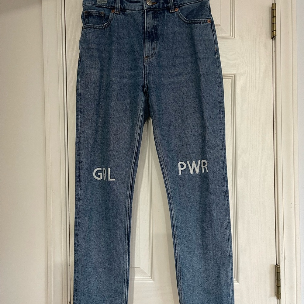 Monki Blue Denim 'GRL PWR' Slim Straight Jeans